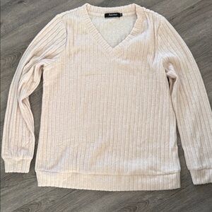 Light Cream Ribbed V-Neck Sweater